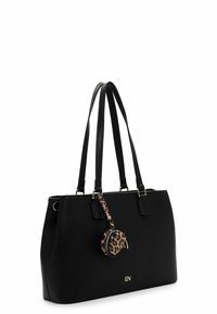 Black leather tote bag with structured design, double handles, and a small leopard print pouch attached. Features a gold logo detail.