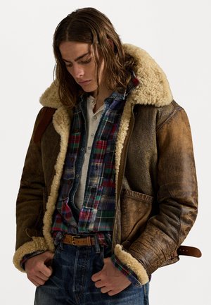 LEATHER-TRIM SHEARLING BOMBER JACKET - Kožená bunda - brown earth