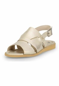 Helle goldene Leder-Sandale mit offenem Zehendesign, featuring überkreuzten Riemen und einem Schnallenverschluss am Knöchel, montiert auf einer tanfarbenen Sohle.