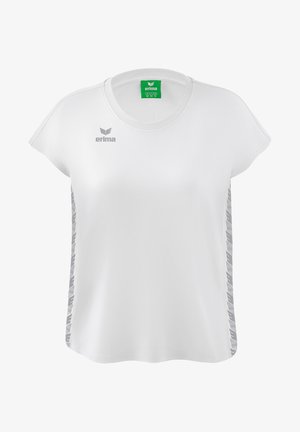 T-shirt bianco a maniche corte con colletto rotondo, caratterizzato da un accento grigio a motivo sui lati e un piccolo logo grigio sul petto.