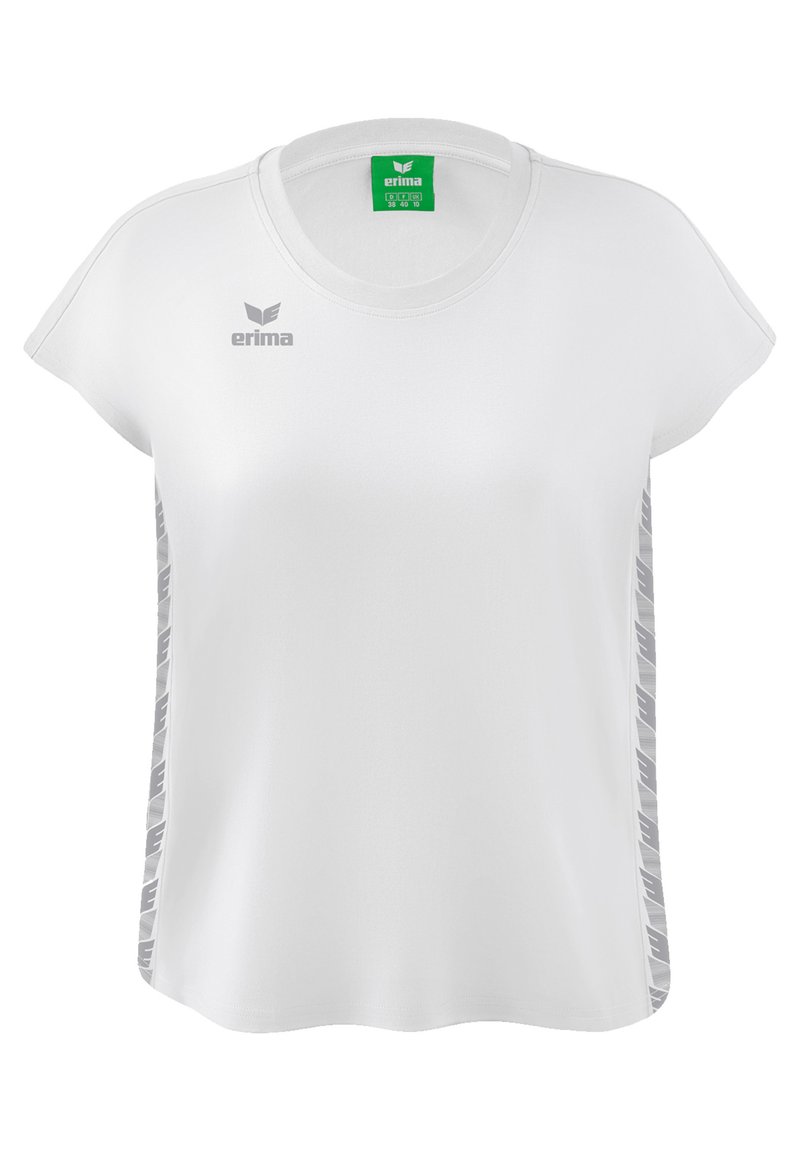 Witte t-shirt met korte mouwen en ronde hals, met een grijze, geprofileerde accent aan de zijkanten en een klein grijs logo op de borst.