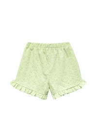 Lysegrønne bomuldsshorts med elastisk talje, prydet med en flæseaccent i kanten og broderede blomsterdesigns over det hele.