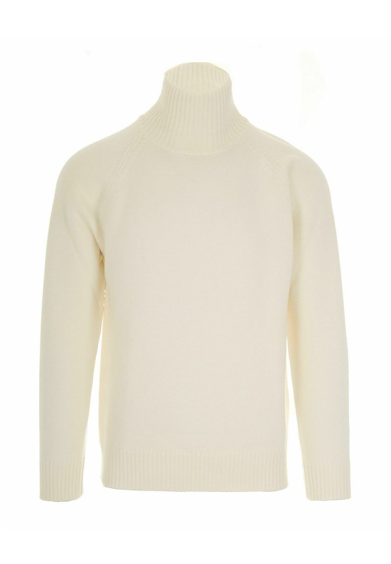 Pullover a collo alto color crema chiaro realizzato in un morbido materiale lavorato a maglia. Caratterizzato da polsini e orlo a costine, con una silhouette aderente e una consistenza liscia.