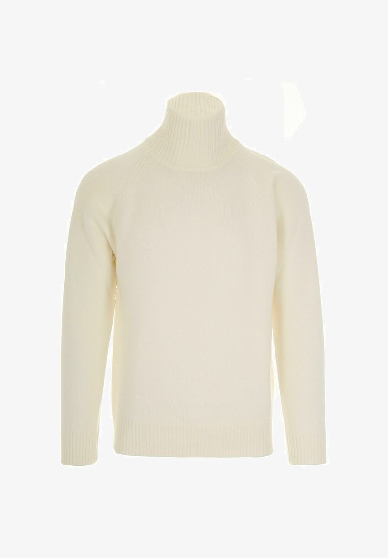 Pullover a collo alto color crema chiaro realizzato in un morbido materiale lavorato a maglia. Caratterizzato da polsini e orlo a costine, con una silhouette aderente e una consistenza liscia.