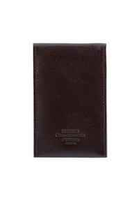 Portafoglio in pelle marrone con texture liscia, bordi cuciti e marchio impresso nella parte inferiore. Design sottile e rettangolare.