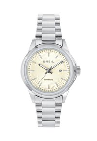 Montre automatique en argent avec un cadran crème texturé, marqueurs d'heure en argent et une fenêtre de date à 3 heures. Elle est dotée d'un bracelet en maillons métalliques.