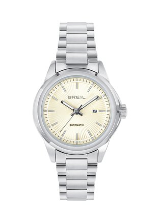 Sølv automatisk ur med en struktureret creme-farvet skive, sølv time markører og et datovindue kl. 3. Uret har et metal link armbånd.