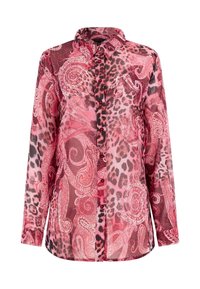 Camicia con bottoni in tonalità di rosa e rosso con motivi paisley e leopardati. Realizzata in tessuto leggero e trasparente con maniche lunghe.