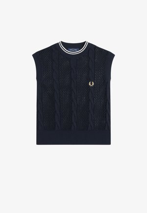 Marineblaues ärmelloses Strickweste mit Zopfmustern, geripptem Saum, gestreiftem Rundhalsausschnitt und kleinem, auf der Brust gesticktem goldfarbenem Lorbeer-Logo.