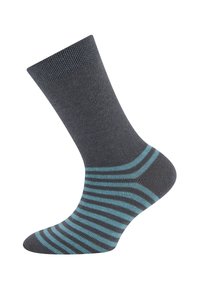 Dunkelgraue Socke mit ribbeltem oberen Teil. Verfügt über hellblaue und dunkelgraue Streifen im unteren Bereich. Das Material wirkt glatt und dehnbar.