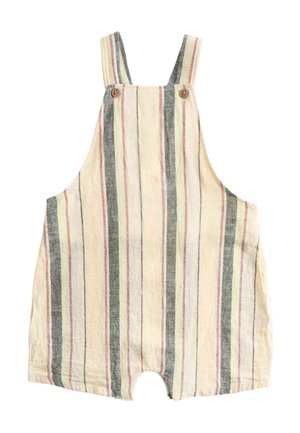 Mono sin mangas para niños con rayas verticales en beige, rosa y gris, tirantes con botones en los hombros y diseño de pantalones cortos sueltos.