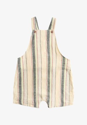 Kinderleichter ärmelloser Einteiler mit vertikalen beige-, pink- und grauen Streifen, geknöpften Schulterriemen und locker geschnittenen Shorts.