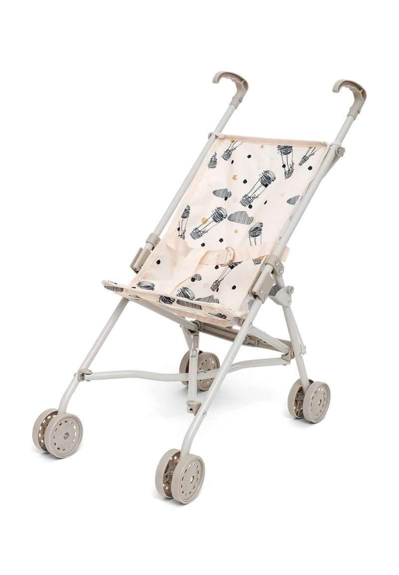 Passeggino pieghevole leggero con seduta in tessuto beige caratterizzata da motivi neri e arancioni, sostenuto da una struttura in metallo grigia e quattro ruote.