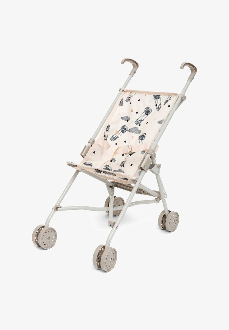 Passeggino pieghevole leggero con seduta in tessuto beige caratterizzata da motivi neri e arancioni, sostenuto da una struttura in metallo grigia e quattro ruote.