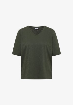 Zielony oliwkowy T-shirt z krótkim rękawem i dekoltem w serek, wykonany z lekko teksturowanej tkaniny, o standardowym kroju.