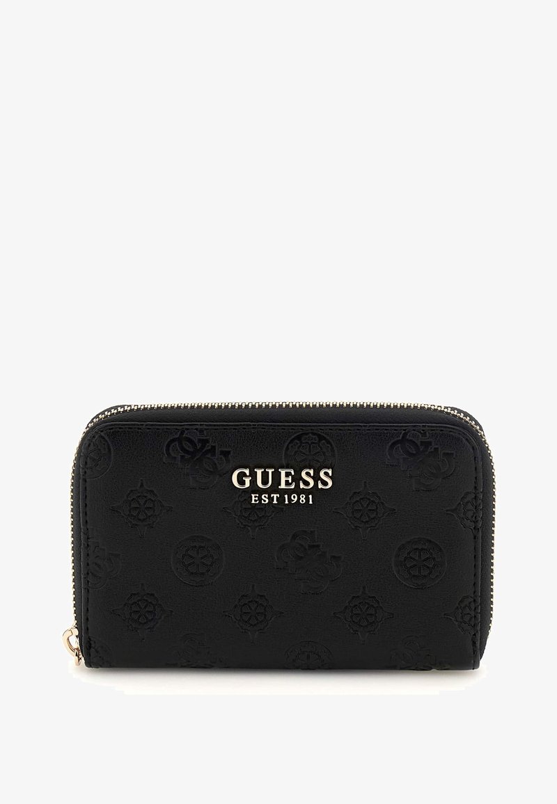 Black zip-around wallet made of textured faux leather, featuring embossed floral patterns, gold logo embellishment, and silver zipper.