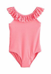 Roza enodelne kopalke z teksturirano tkanino, nabrano izrezom in valovitimi robovi. Ponaša se z vzorci iz odprtih šivov vzdolž nabrane obrobe.