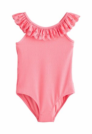 Rosa Einteiler-Badeanzug mit strukturierter Stoffoberfläche, gerafftem Ausschnitt und gewellten Kanten. Verfügt über durchbrochene Muster entlang der Raffung.