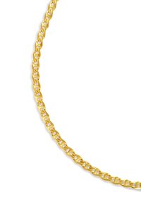 Gold chain necklace with interconnected oval links, polished finish, slight curve, and a smooth texture, showcasing even spacing and shine.