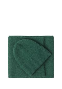 Grüne gestrickte Schal und passende Mütze, aus weichem, strukturiertem Material. Der Schal ist rechteckig, während die Mütze eine runde Krone hat.