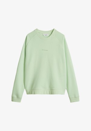 Lichtgroene crewneck-trui met lange mouwen en subtiele tekst "Marc O'Polo DENIM" gecentreerd op de borst.