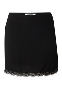 Schwarzer Minirock aus glattem Stoff, mit einer Spitzenborte am Saum, die ein zartes Muster aufweist. Einfaches Design mit taillierter Silhouette.