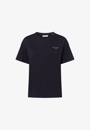 Zwart katoenen T-shirt met een ronde hals, korte mouwen en een klein geborduurd logo in donkerblauw op de borst.