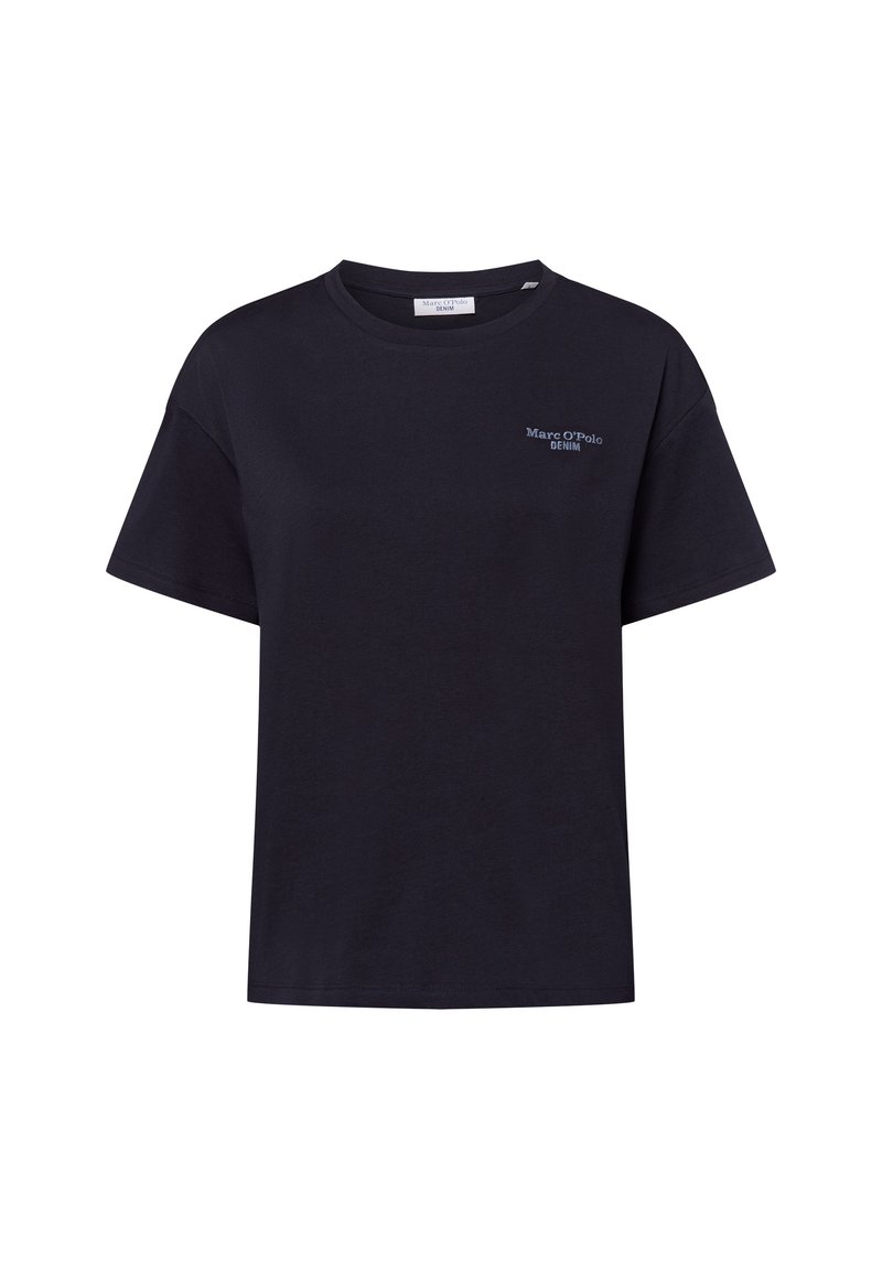 Zwart katoenen T-shirt met een ronde hals, korte mouwen en een klein geborduurd logo in donkerblauw op de borst.