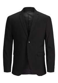 Svart kavaj med enkel knappstängning, slag med inskärning, två framfickor och en slät textur, med en elegant, skräddarsydd design.