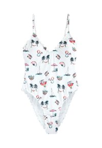 Bañador de una pieza blanco con tela texturizada, con estampados tropicales coloridos de peces, palmeras y escenas de playa; bordes con volantes.