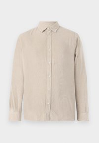 Jasno beżowa koszula z korduroju z długimi rękawami, z przodem zapinanym na guziki, klasycznym kołnierzykiem, pionowym prążkowanym wzorem i białymi guzikami.