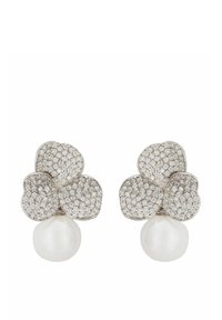 Silver flower-shaped earrings adorned with sparkling clear stones and a single white pearl at the bottom of each flower.