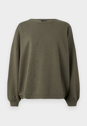 Sweatshirt verde oliva, realizzato in tessuto morbido, presenta un collo rotondo, maniche lunghe con polsini elasticizzati e una vestibilità comoda.