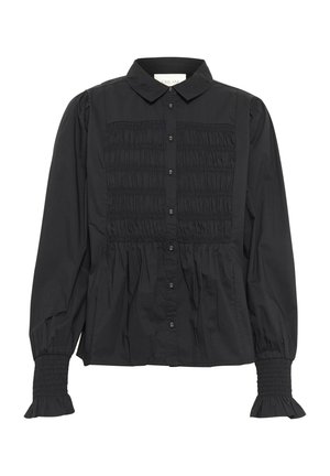 Black button-up shirt with a collar, featuring smocked detailing on the front and gathered sleeves. Made from lightweight fabric.