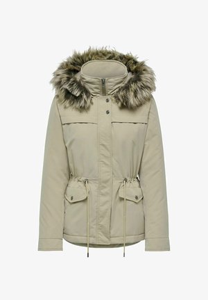 Giacca imbottita beige con cappuccio foderato in pelliccia staccabile, vita con cordino, due tasche anteriori e chiusura con zip. Tessuto dalla texture liscia.