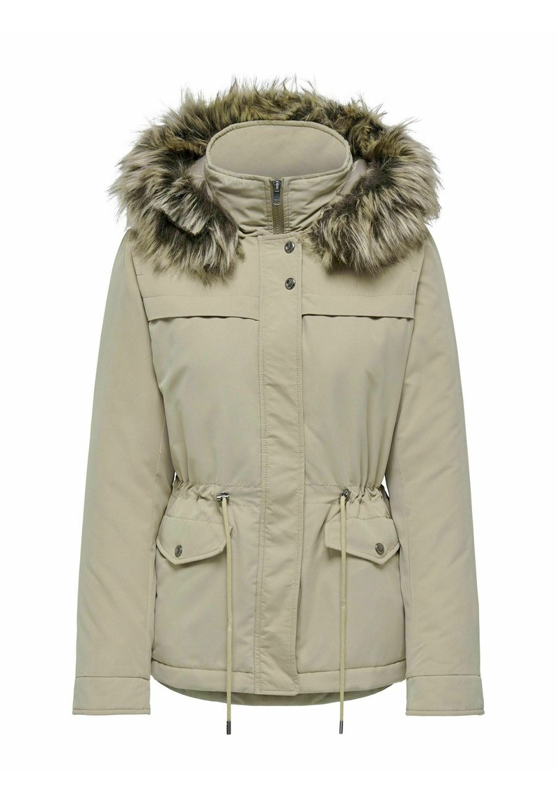 Beige gesteppte Jacke mit abnehmbarem, fellgefüttertem Kapuzenbereich, Kordelzug in der Taille, zwei Fronttaschen und einem Reißverschluss. Glatte Stofftextur.