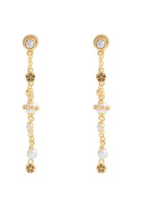 Gold dangle earrings featuring a clear stone stud, linked chains with white beads, and decorative gold accents. Elegant and intricate design.