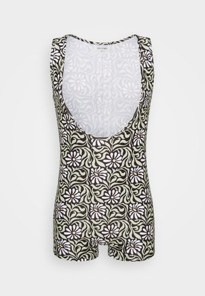 Black and green floral-patterned swimsuit with a scoop neck and back, featuring white flowers and a fitted design with short legs.