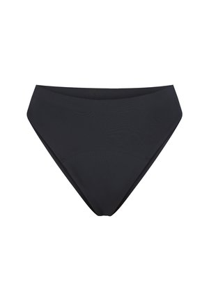 High-waisted black bikini bottom made from smooth, stretchy fabric; features a seamless design with a sleek finish and no visible hardware.