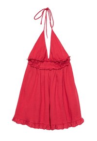 Czerwona sukienka na ramiączkach z lekkiego materiału, ozdobiona głębokim dekoltem w kształcie litery V, falbaniastą górą i rozkloszowanym dołem z falbaniastym wykończeniem.