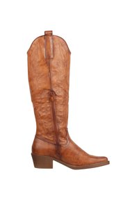 Botas de cuero marrón claro hasta la rodilla con punta afilada, costuras decorativas, cremallera lateral y un tacón bajo apilado. Textura desgastada en toda la superficie.