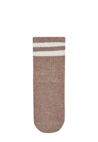Brown knitted sock with two white horizontal stripes near the top, displayed flat on a white background.