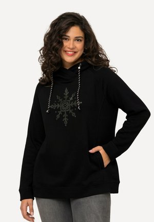Felpa nera con un design decorativo a fiocco di neve, dotata di cappuccio regolabile con stringhe, tasca frontale e polsini a coste. Tessuto dalla texture liscia.