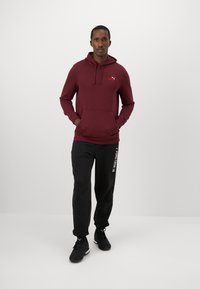 Homme portant un hoodie bordeaux de Puma et un pantalon de jogging noir de Puma, avec des baskets noires, se tenant les mains dans la poche du hoodie devant un fond uni.