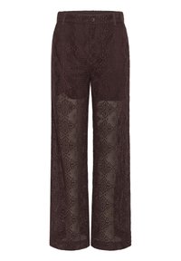Pantaloni in pizzo marrone con design a gamba larga, caratterizzati da motivi intricati e chiusura con bottone in vita. Tessuto trasparente e leggero.
