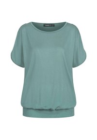 Haut à manches courtes, coupe ample en teal pâle, avec un décolleté en scoop et un ourlet élastique. Fabriqué à partir d'un tissu doux et léger avec une texture lisse.