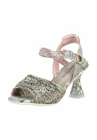 Sandale à bout ouvert pour femme avec devant brodé argenté, bride à la cheville à motif floral, talon bloc transparent avec accents décoratifs dorés.