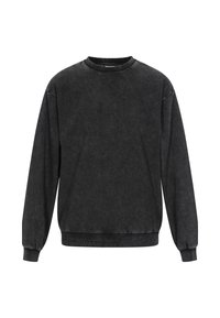Schwarzer Crewneck-Pullover aus weichem Stoff. Verfügt über lange Ärmel, gerippte Bündchen und eine leicht ausgebleichte Textur für einen Vintage-Look.