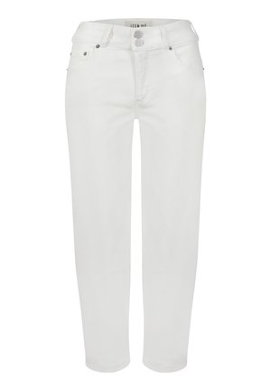 Witte denim jeans met een rechte pasvorm, vijf zakken, knoopsluiting en subtiele stikdetails. Glad materiaal en minimale hardware.