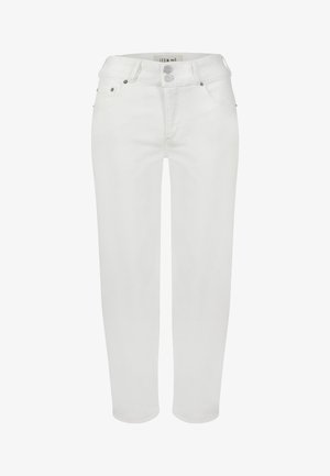 Witte denim jeans met een rechte pasvorm, vijf zakken, knoopsluiting en subtiele stikdetails. Glad materiaal en minimale hardware.